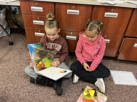 Third grader and kindergartner reading a book together.