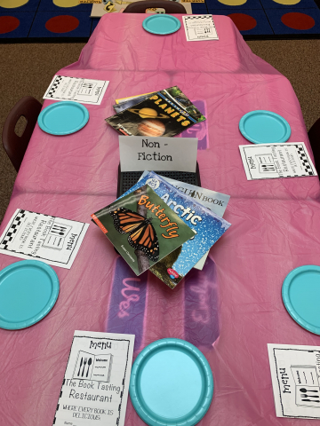 Table set with a plastic table cloth, paper plates and books.