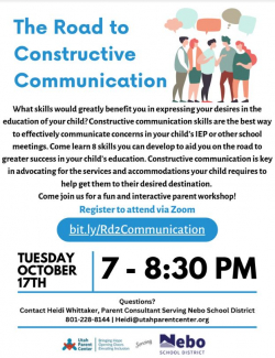 Communication Parent Workshop, Tuesday Oct. 17th, 7:00-8:30 pm. Register to attend via Zoom: bit.ly/Rd2Communication