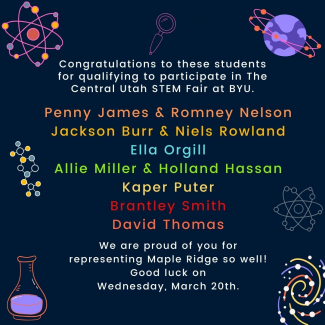 Congratulations to these students for moving on to The Central Utah STEM Fair at BYU on March 20th!