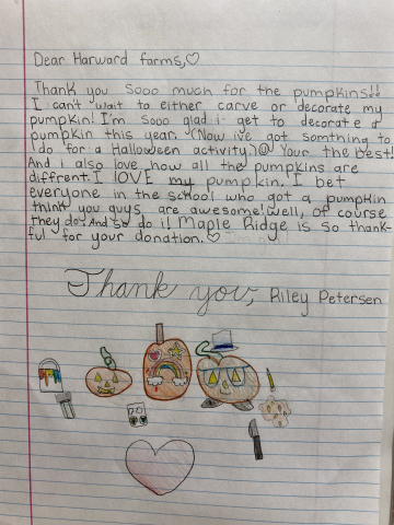 Thank you note to Harward Farms from a Maple Ridge student.