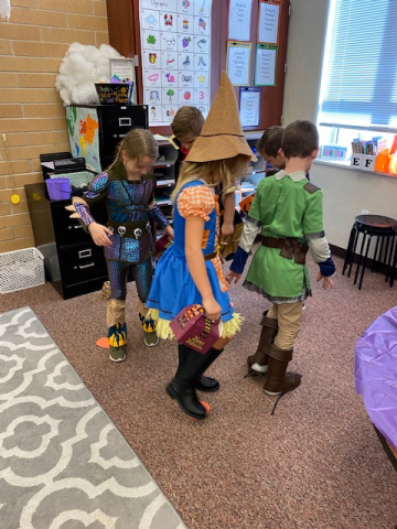 Students playing a Halloween game.