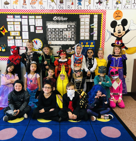 Students in Halloween costumes.