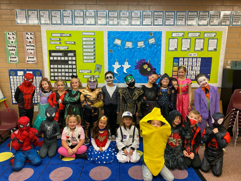 First grade class in Halloween costumes.