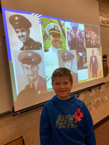 Student showing pictures of a veteran in their family.