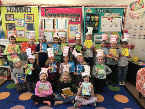 First Graders in Dr Seuss hats.