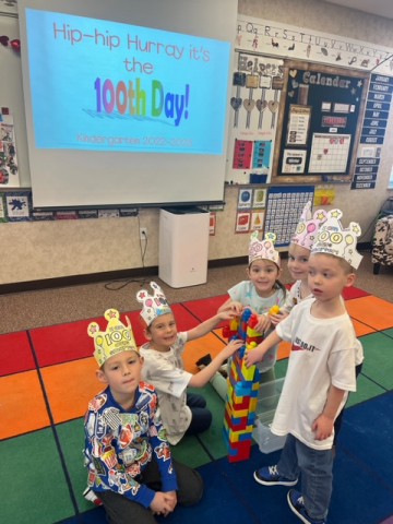 Kindergarten students doing 100 days activities.