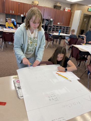 Students making a math review poster.