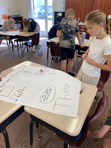 Students making a math review poster.