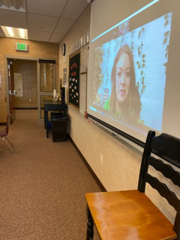 Author on big screen (students visited with her via Zoom).