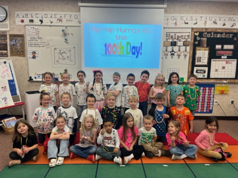 Kindergarten class on the 100th day of school.