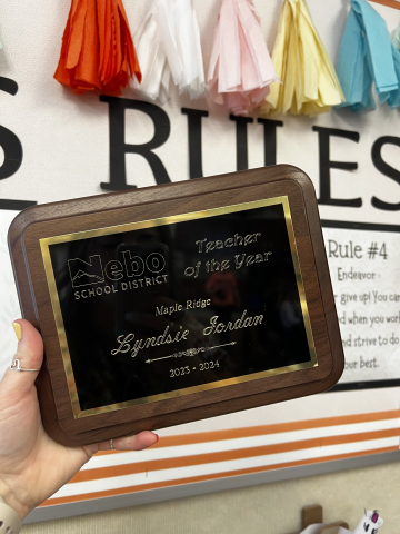A picture of Lyndsie's Teacher of the Year plaque.