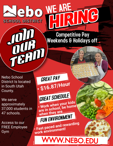 Flyer to work in the lunchroom. Great pay: $16.87 per hour, great schedule, fun environment.