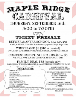 Carnival, Thursday September 16th. 5:00-7:30. Tickets on sale this week before and after school. 