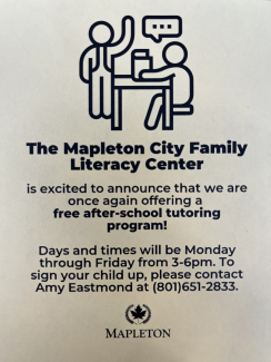 Free after school tutoring program. Monday through Friday from 3-6 pm. To sign up contact Amy Eastmond (801) 651-2833.