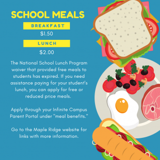 School breakfast $1.50, school lunch $2.00, apply for reduced meals on Infinite Campus.