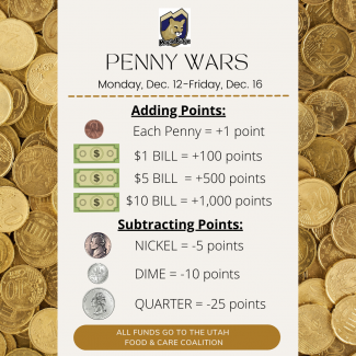 Maple Ridge Student Council is holding a Penny War from Monday, Dec. 12- Friday, Dec. 15. We will be having a fun and friendly competition between classes but also helping our community! All funds will go to the Utah Food and Care Coalition. 