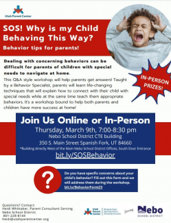 Free workshop (in person or on Zoom) on March 9th to help answer behavior problems. Register at bit.ly/SOSBehavior. If you have a behavior question ask here prior to the workshop: bit.ly/BehaviorForm23  