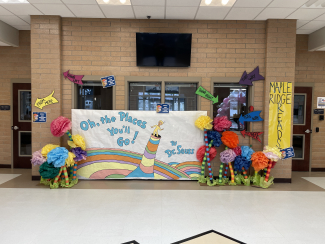 School foyer decorated with Dr. Seuss decor.