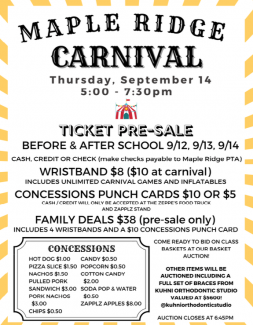 School carnival on Thursday, Sept. 14 from 5:00-7:30.